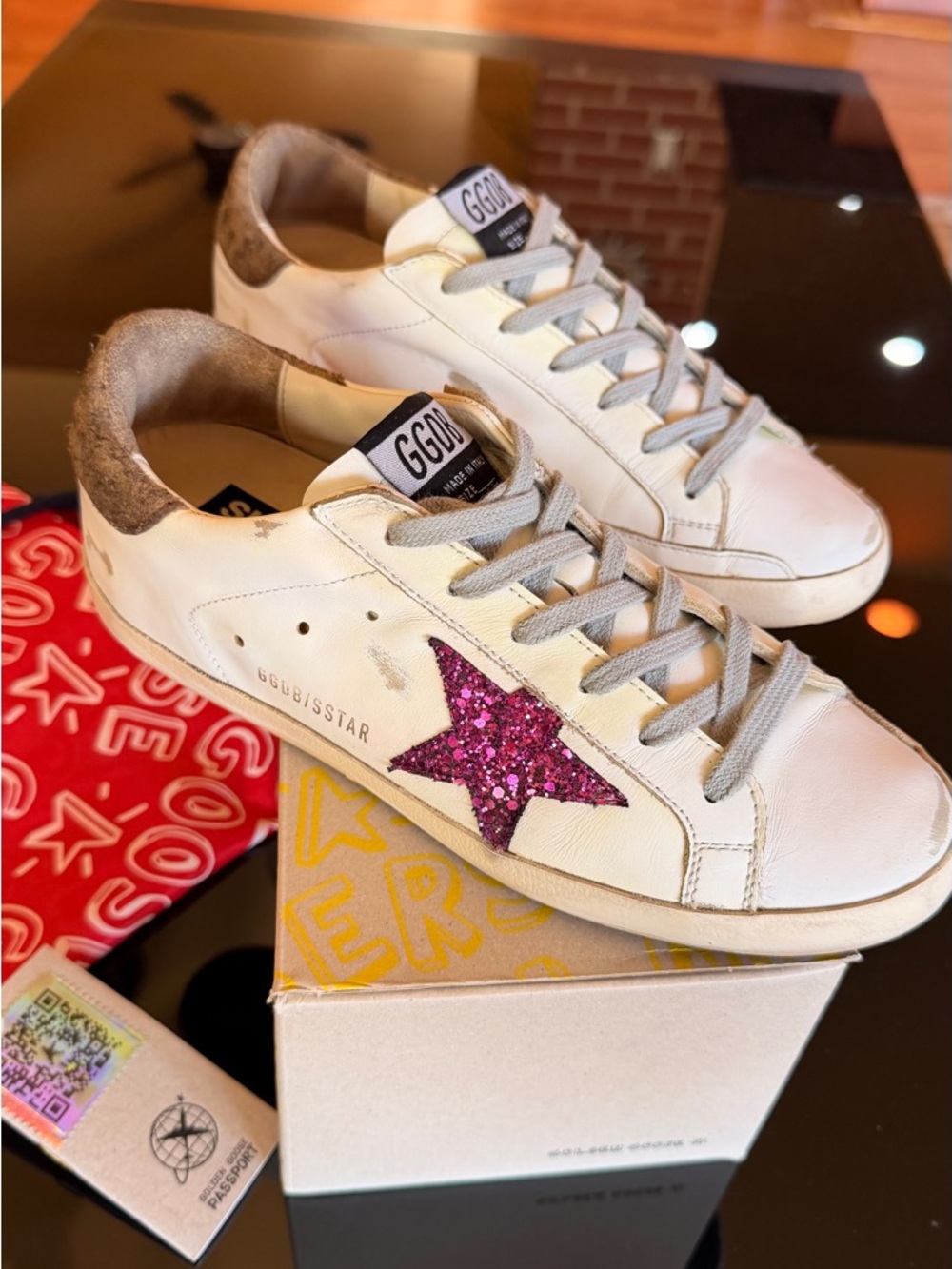 Golden Goose 38 Super-Star White Leather with Pink Glitter Star and Gray Laces